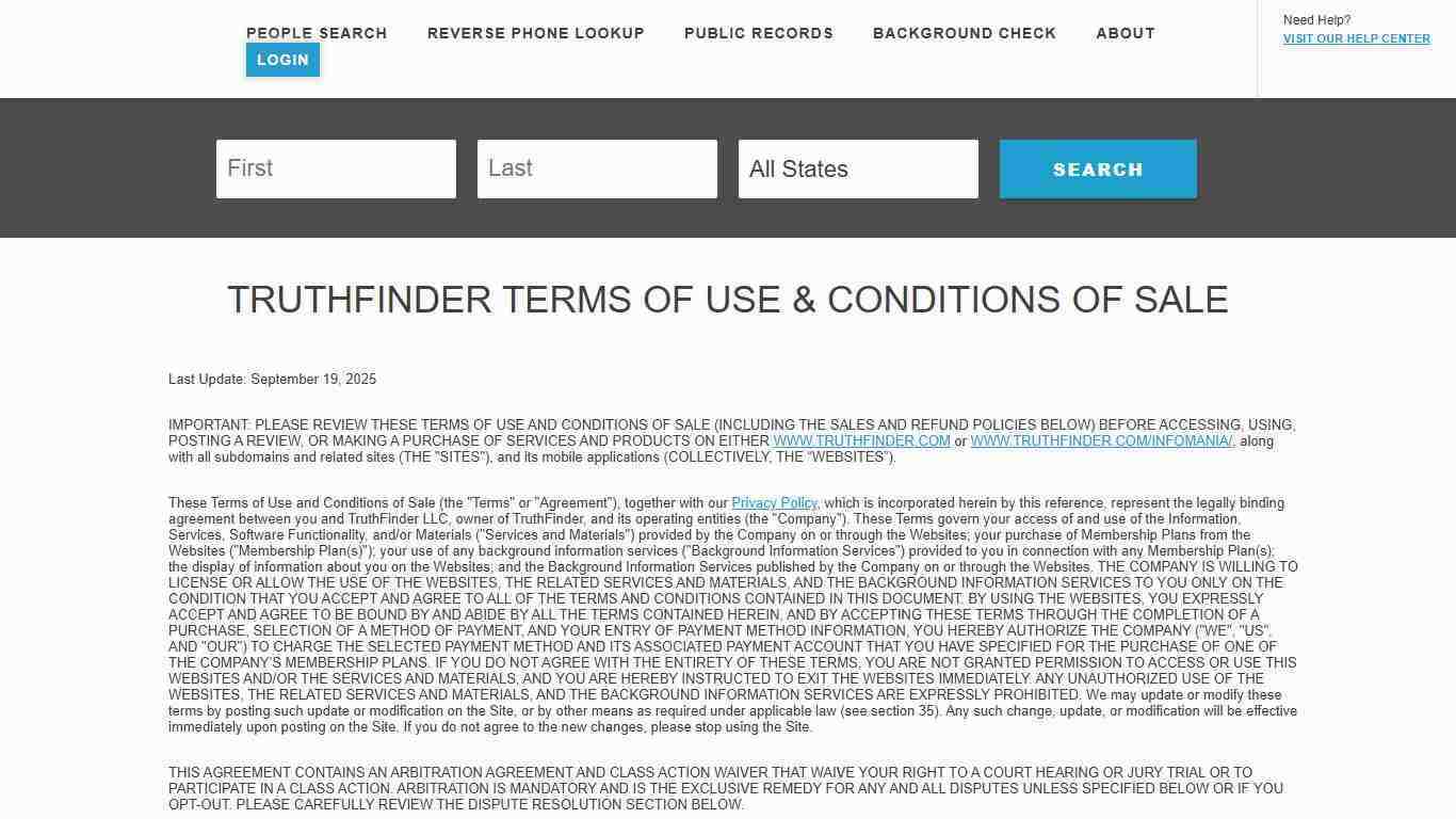 Terms Of Use for TruthFinder Person Searches